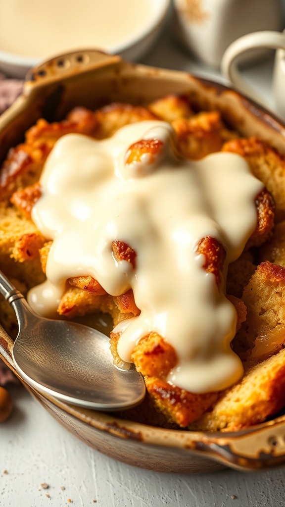 Warm bread pudding with vanilla sauce in a rustic dish, served with a spoon.
